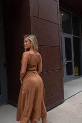 Camel Suede Bustier Midi Dress