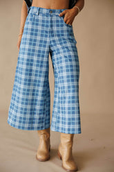 Plaid Denim Cropped Wide Leg Pants