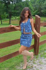 Denim Rose Embroidered Skirt