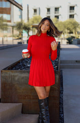 Red Pleat Turtleneck Sweater Dress