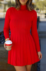 Red Pleat Turtleneck Sweater Dress