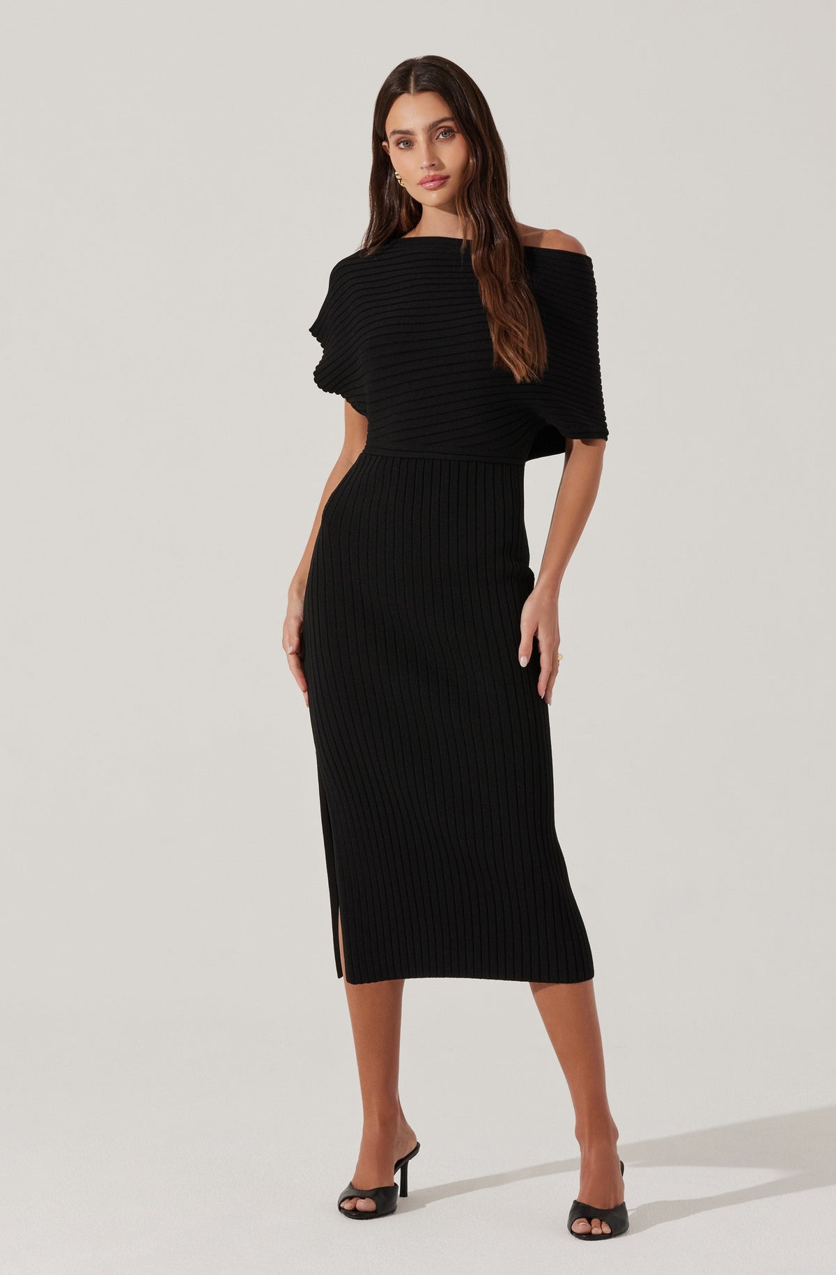 Off Shoulder Ribbed Midi Sweater Dress