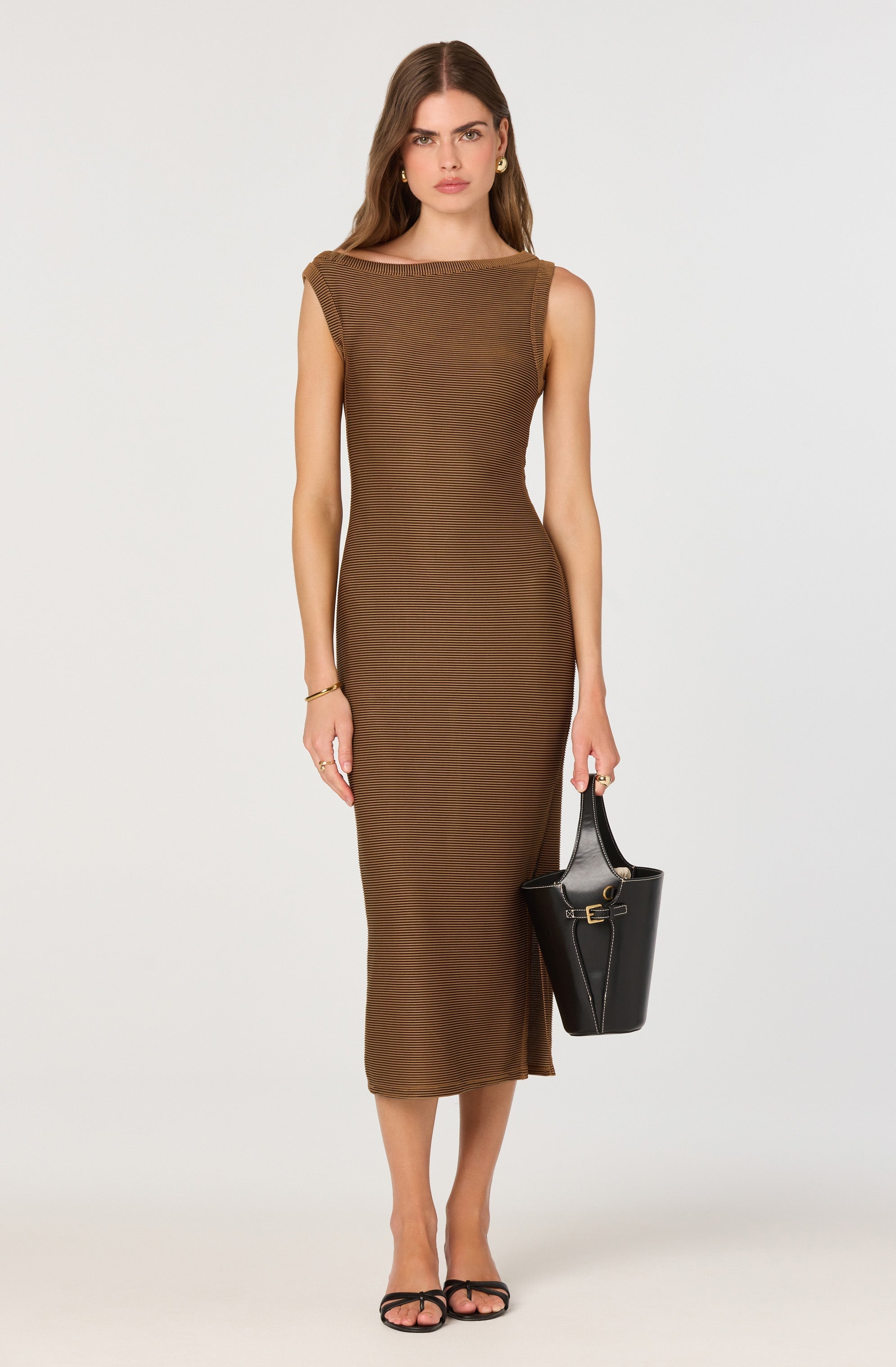 Off Shoulder Ribbed Knit Midi Dress