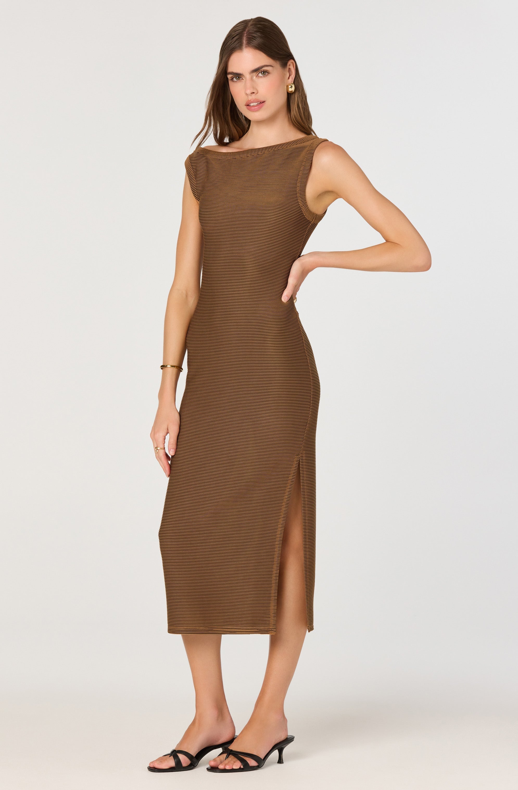 Off Shoulder Ribbed Knit Midi Dress