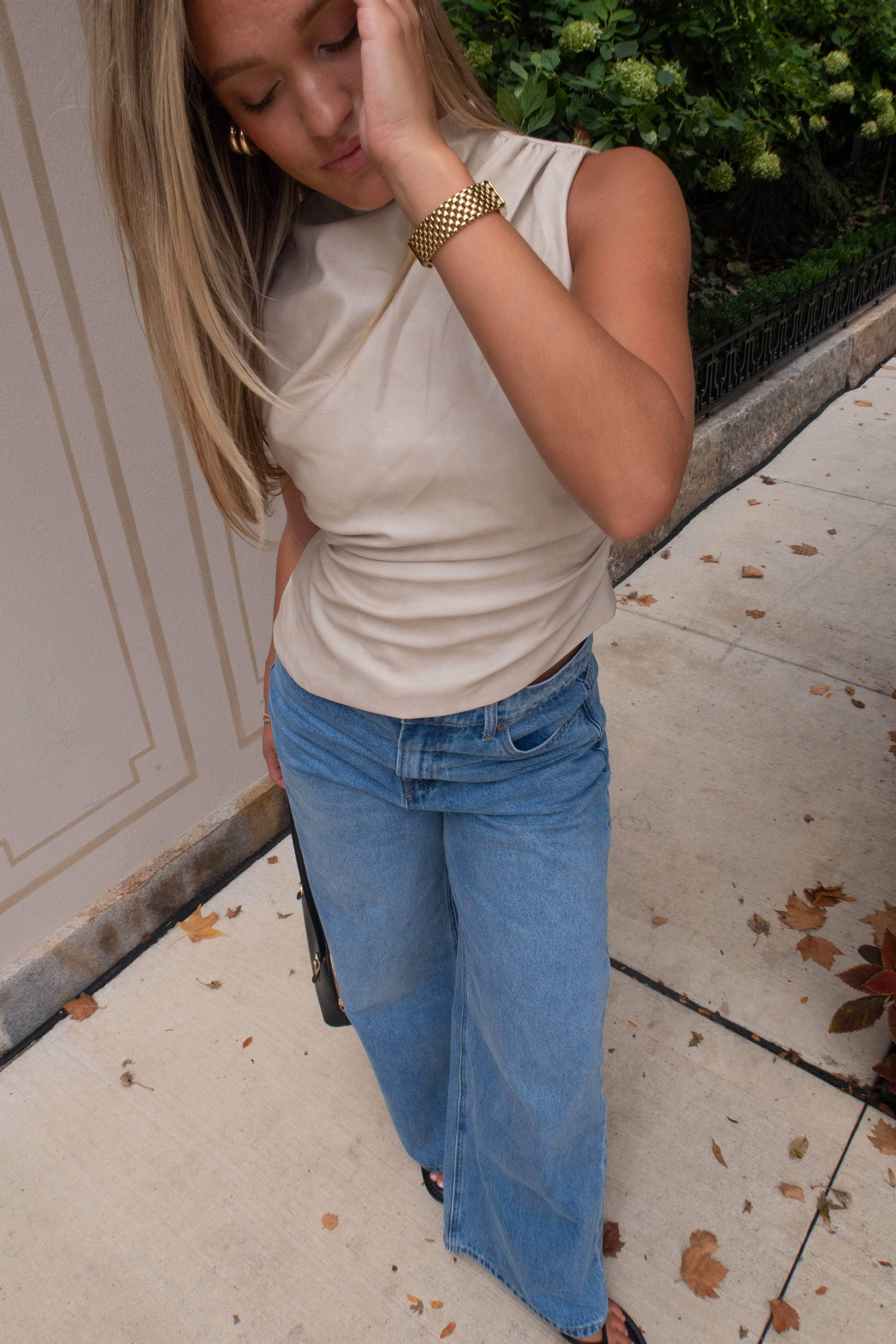 Beige Distressed Leather Top