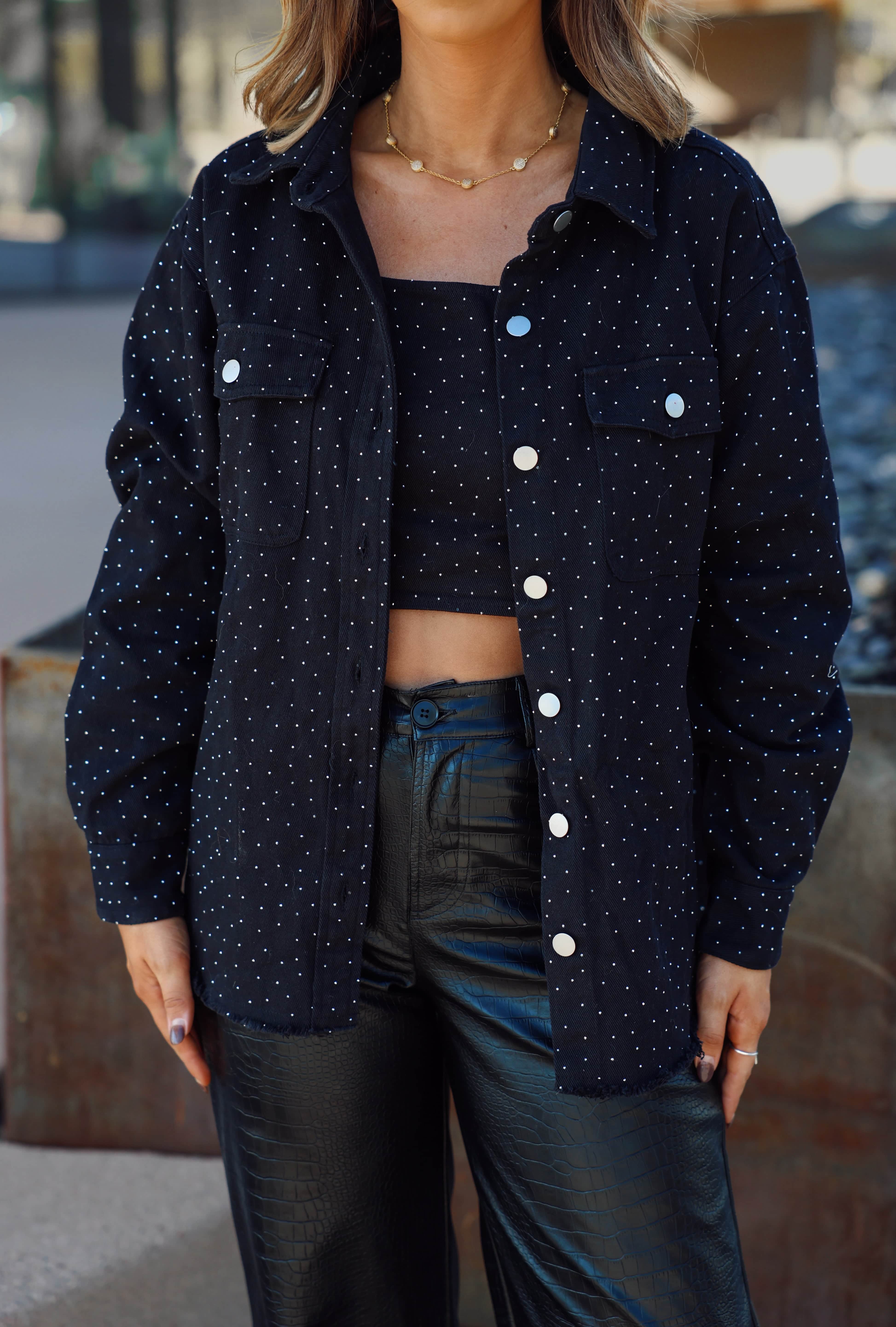 Black Oversized Rhinestone Denim Jacket