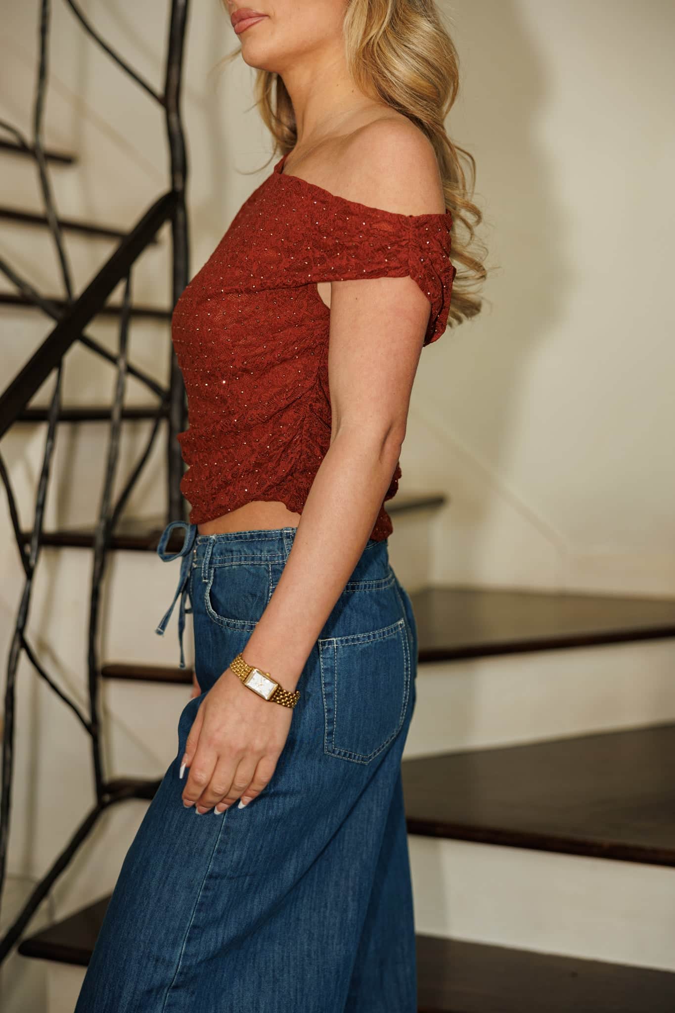 Burgundy Lace Rhinestone Top