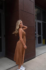 Camel Suede Bustier Midi Dress