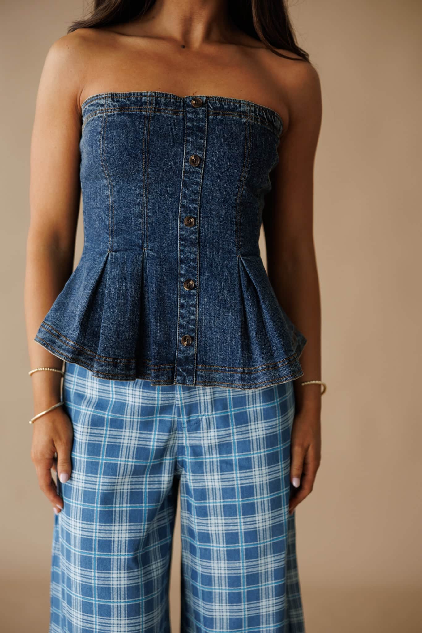 Denim Pleated Peplum Top