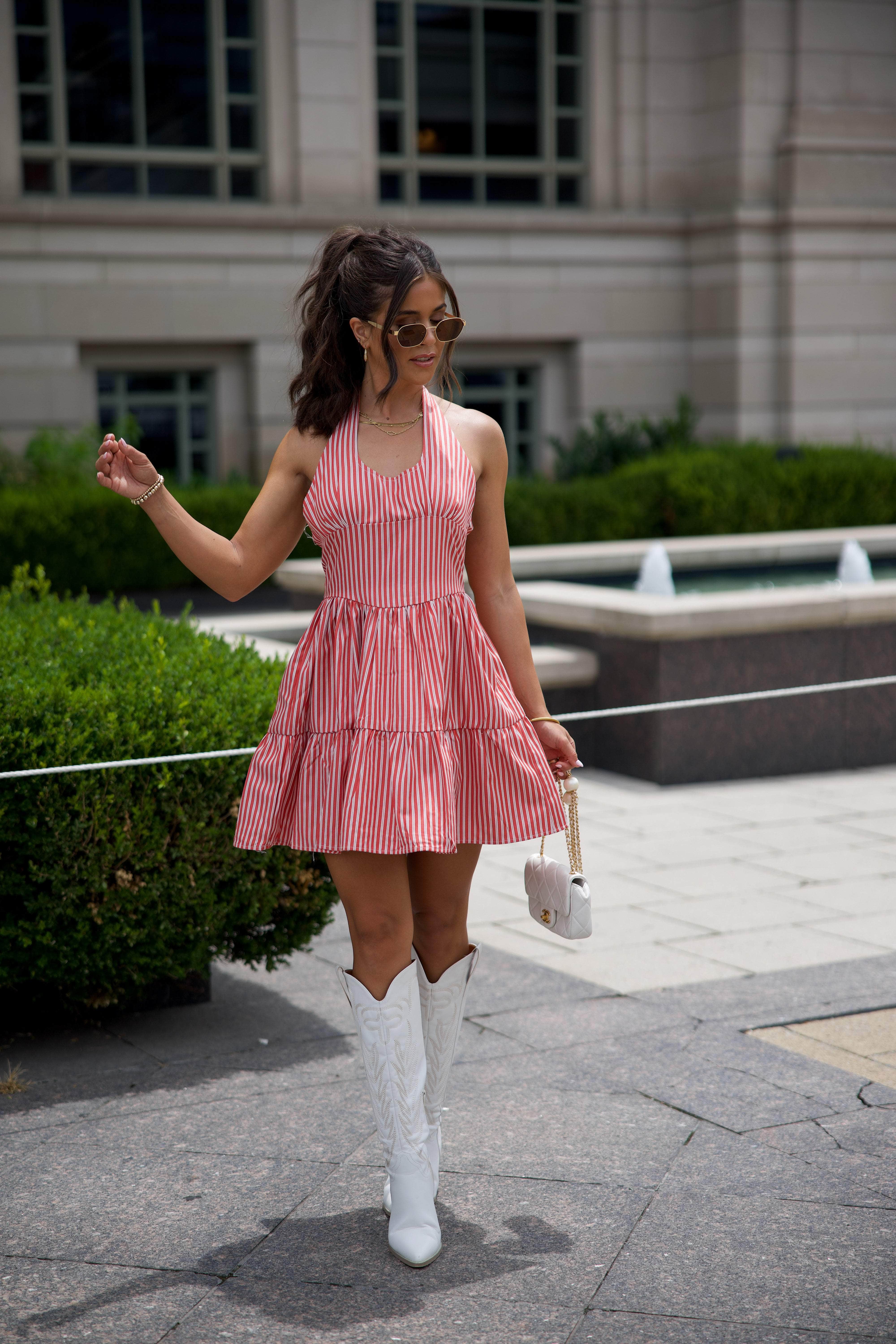 Red Halter Striped Mini Dress