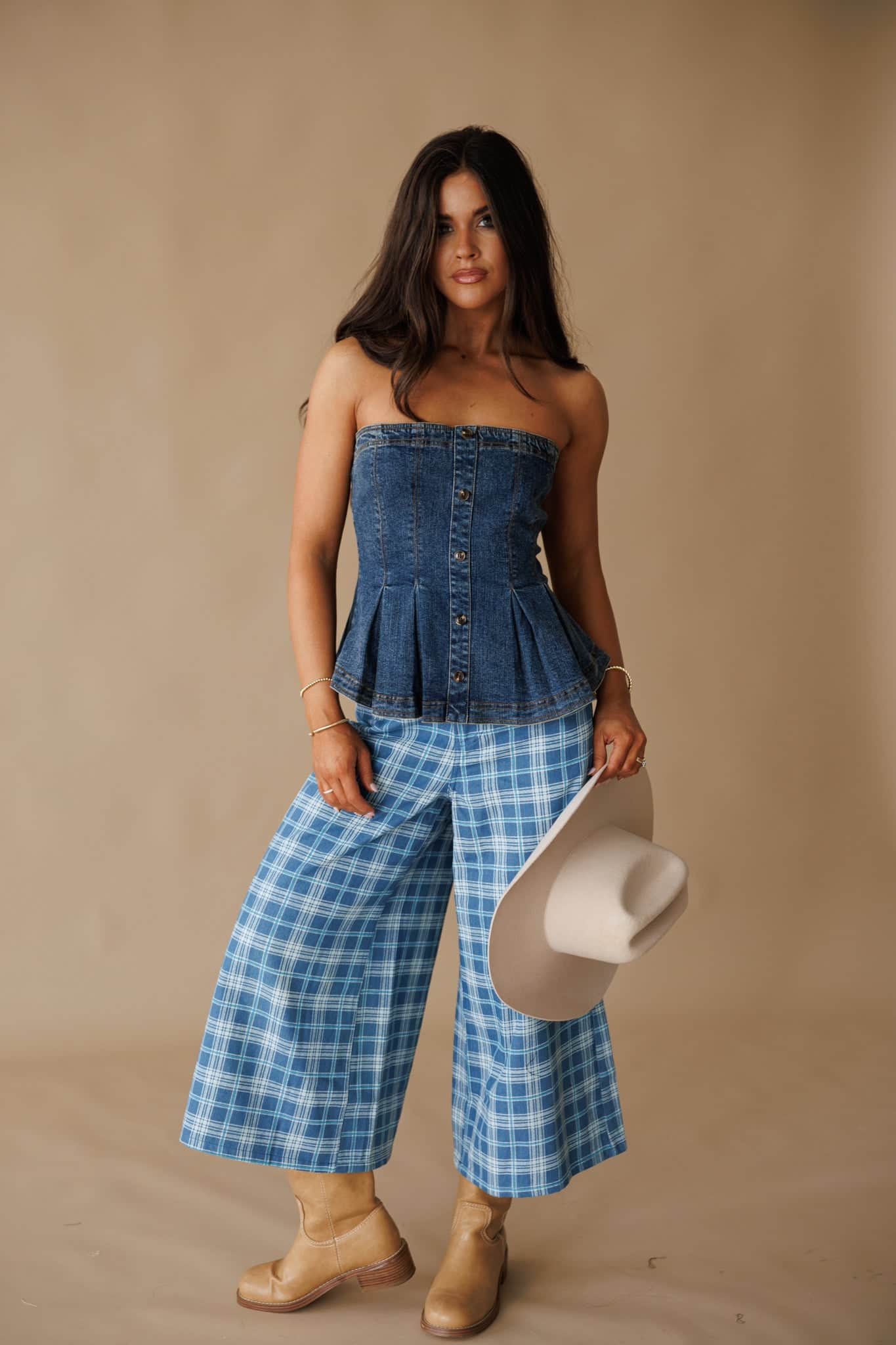 Plaid Denim Cropped Wide Leg Pants