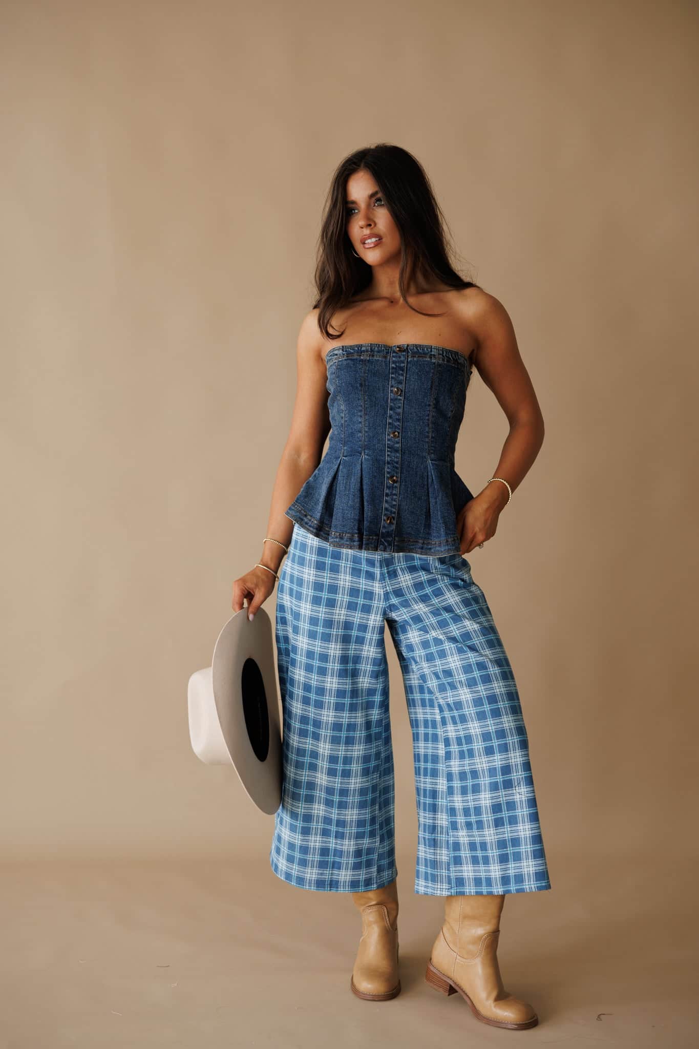 Plaid Denim Cropped Wide Leg Pants