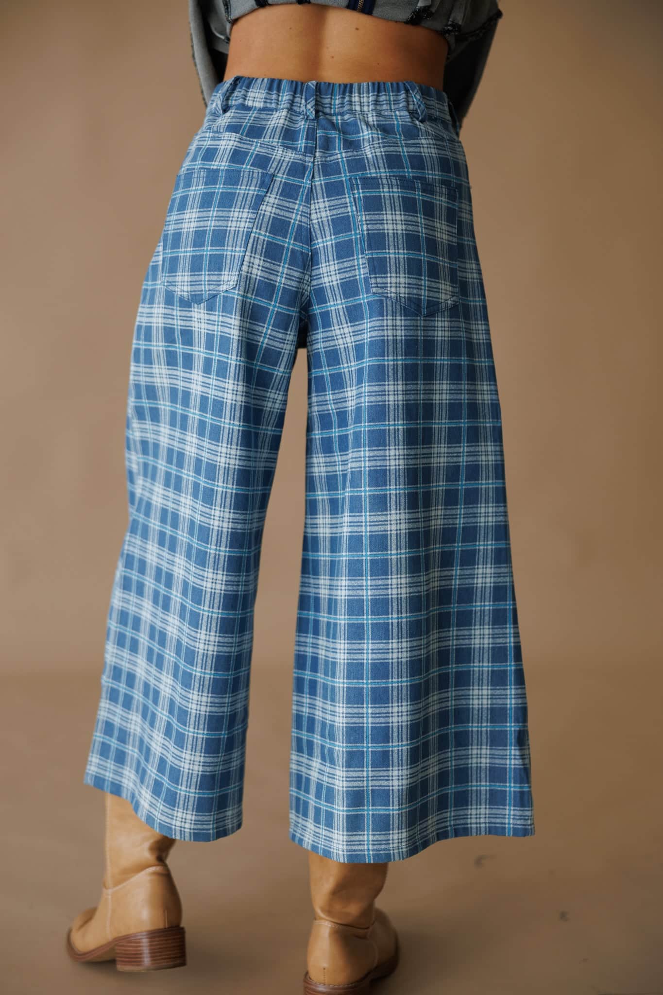 Plaid Denim Cropped Wide Leg Pants