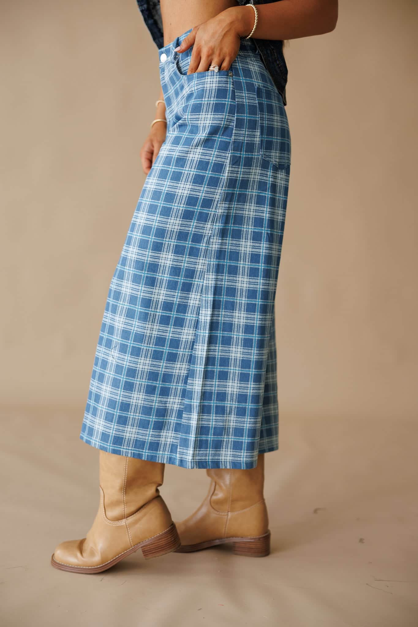 Plaid Denim Cropped Wide Leg Pants