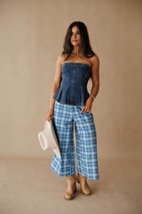 Plaid Denim Cropped Wide Leg Pants