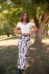 Cow Print Belted Maxi Skirt