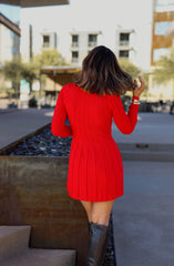 Red Pleat Turtleneck Sweater Dress