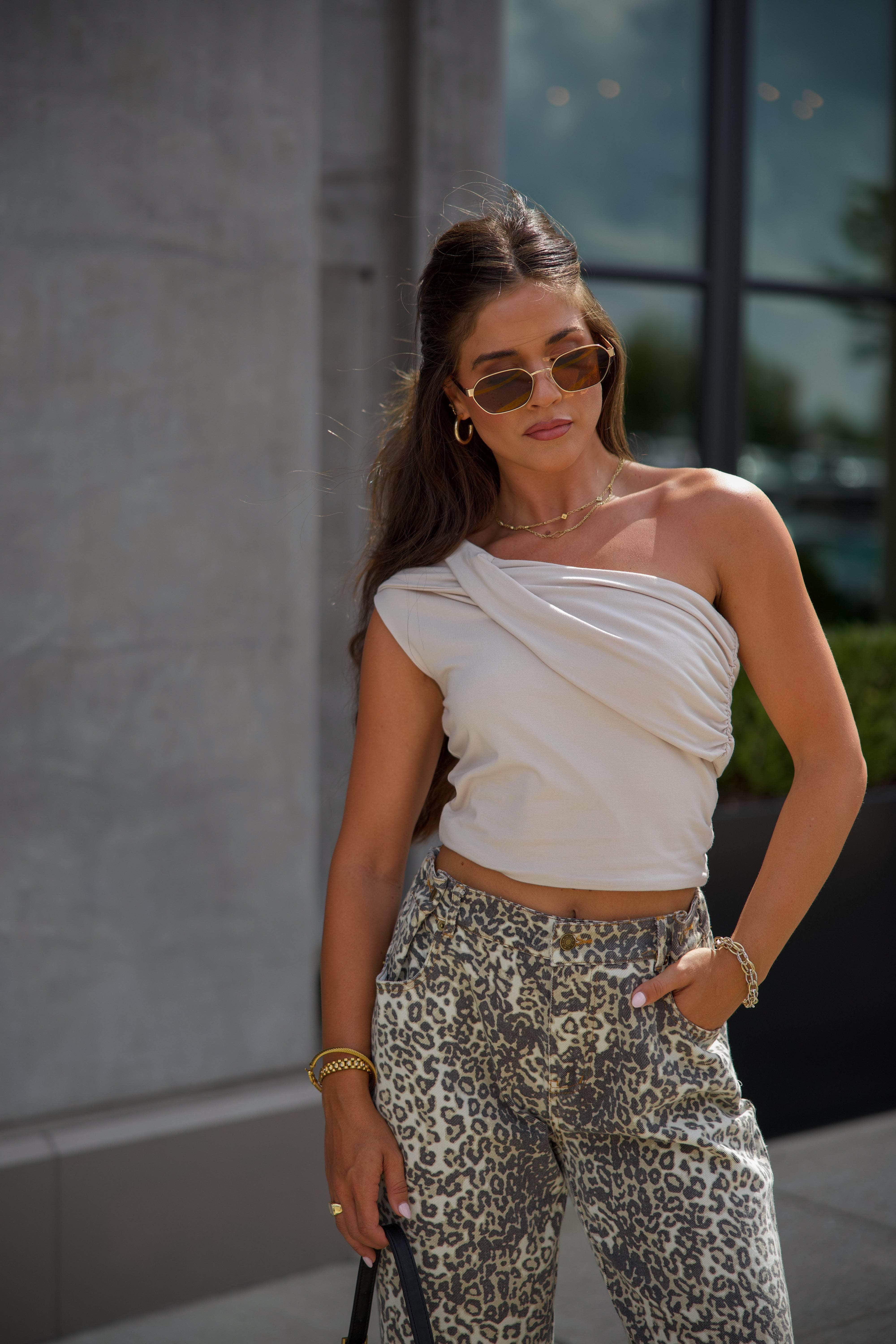 Sand Asymmetrical Shoulder Top