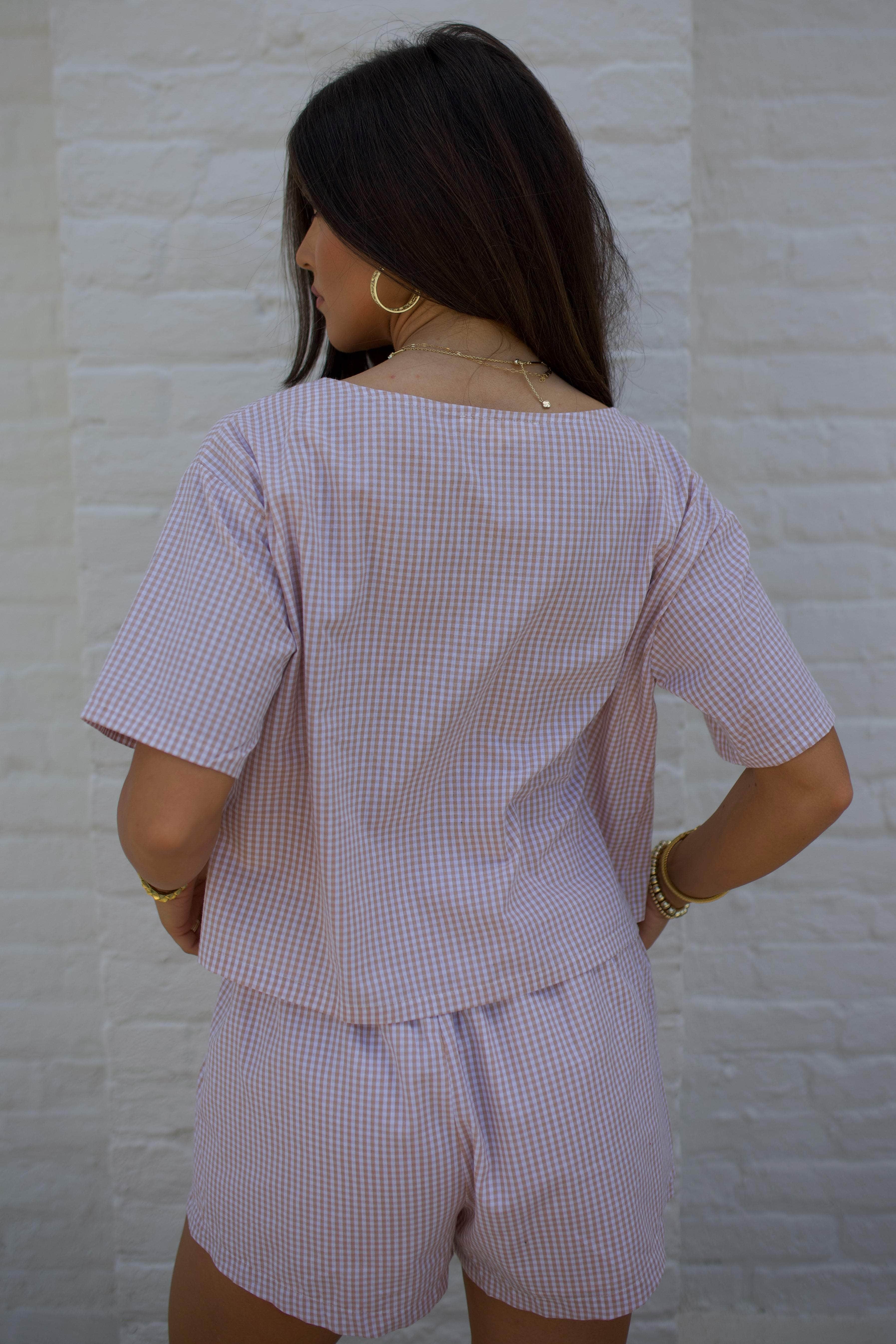 Taupe Gingham Tie Top