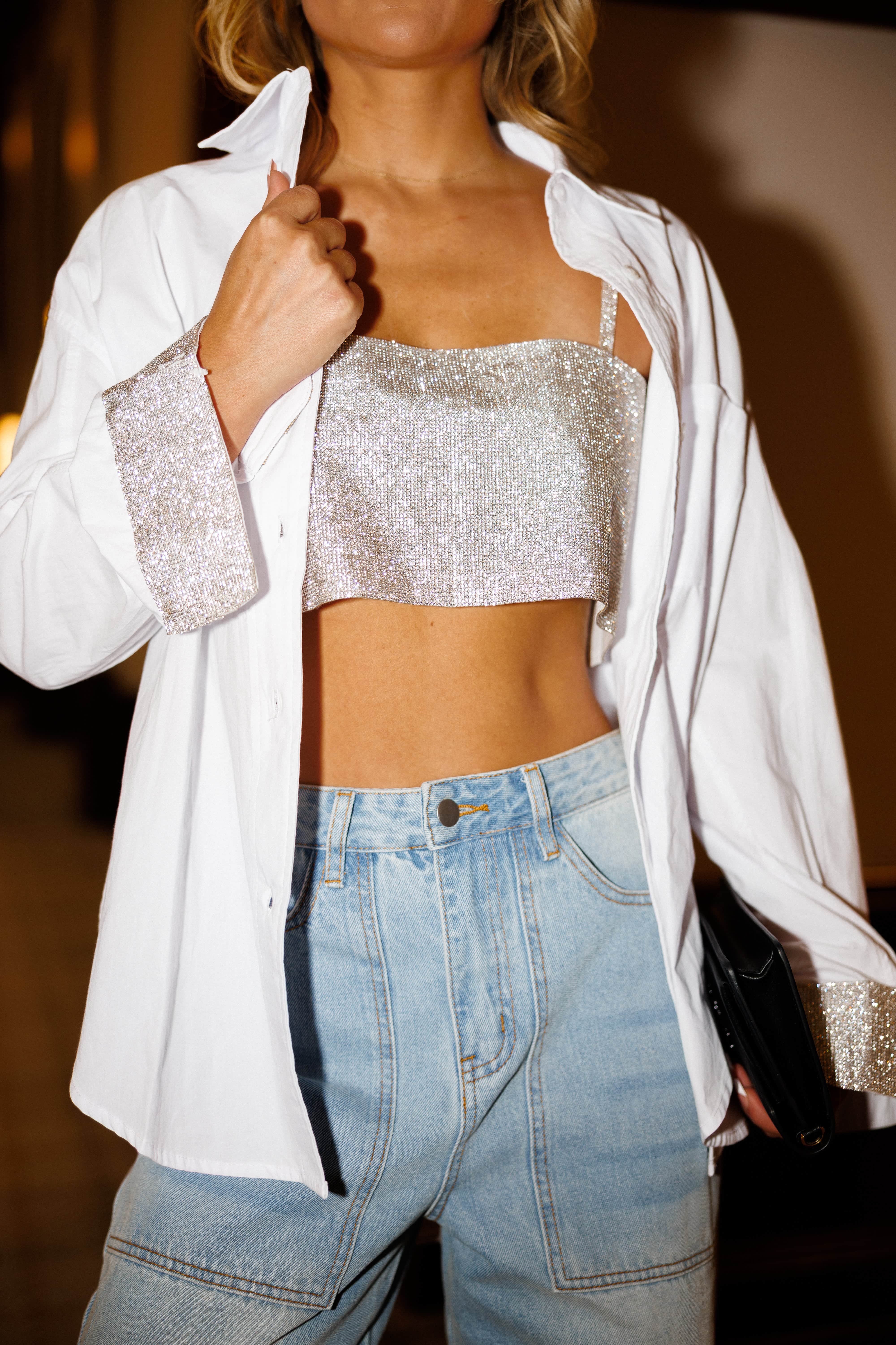 White Crystal Cuff Shirt