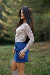 Plaid Mesh Button Top