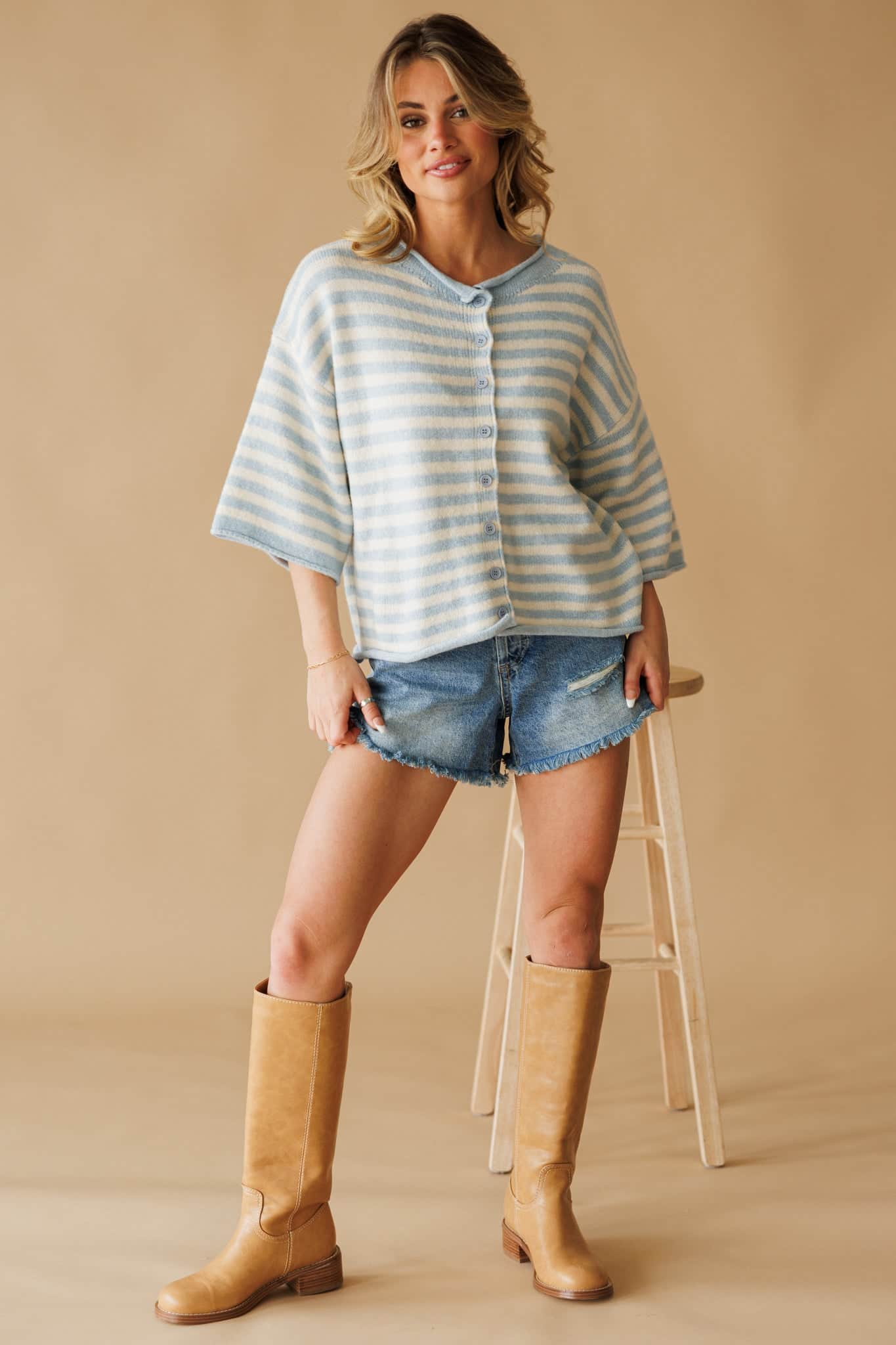 Striped Quarter Sleeve Cardigan